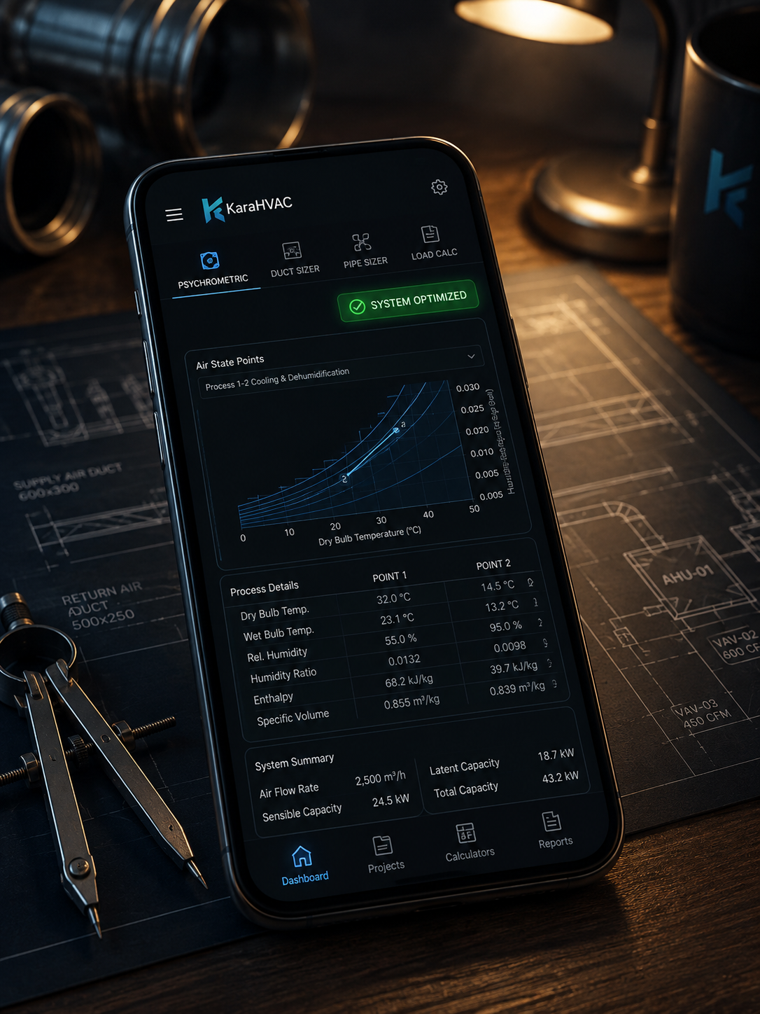 KaraHVAC mobile application interface on an engineering desk